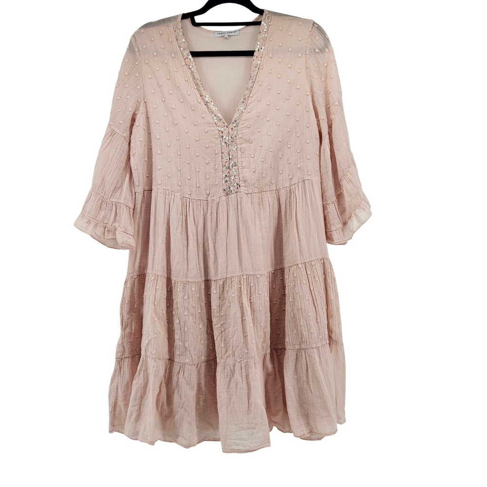 Tempo Paris Boho Blush Pink Tiered Babydoll Dress Med‎ Coastal Feminine Summer